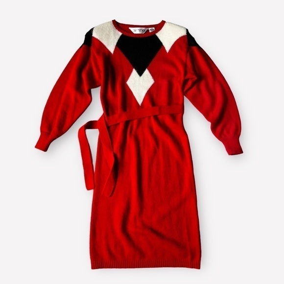 Vintage 80s Red Knit Sweater Dress Geometric Colorblock Mod XS - Picture 4 of 13